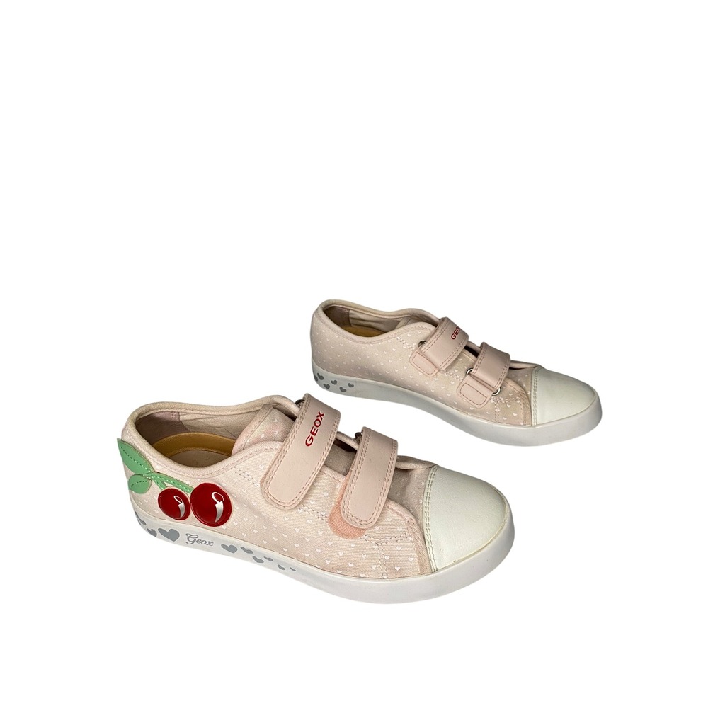 Geox Respira Girls Pink Cherry Heart Canvas Sneakers Hook Loop Size US 3 EUR 34‎